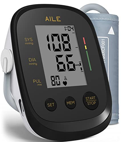 AILE Misuratore Pressione da Braccio, Automatico Sfigmomanometro Digitale con Indicatore di Rischio, Misuratore di Pressione da Bracciale Grande (22-42cm) con 2x99 Posizioni Di Memoria (Nero)