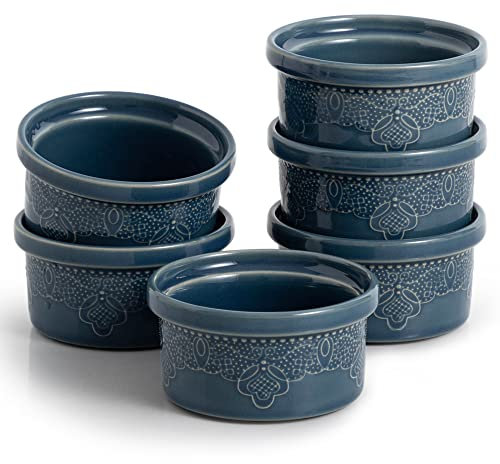 FE Ceramic Ramekins, Souffle Dishes, Lace Embossed Creme Brulee Dishes, 240 ml for Soufflé, Cupcakes and Pudding, Set of 6, Blue