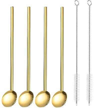 QUARKZMAN 4Stk Edelstahl Strohhalme Löffel 7.7 Wiederverwendbar Metall Trinkender Strohhalm Löffel mit Reinigung Bürsten für Milchshake Getränke Cocktail Gold