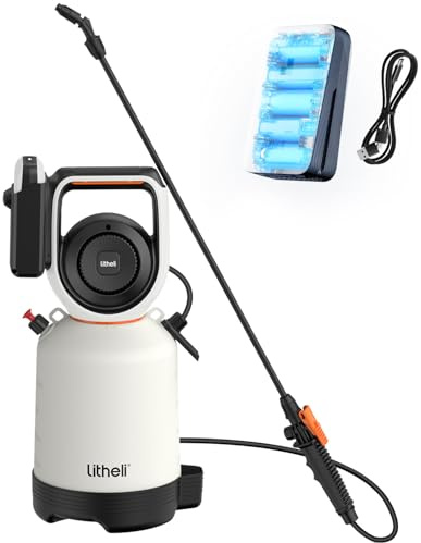 Litheli Spruzzatore a pressione 5L con batteria 26 PSI, 20V, spruzzatore per uso domestico, giardino, pulizia di veicoli e tappeti, senza fili, ergonomico, bianco