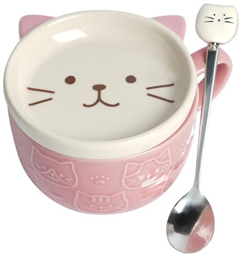 HOTUT Cute Kawaii Pink Cat Coffee Mugs with Lids, Cute Animal Coffee Tea Cup Saucer Set, Kawaii Ceramic Mugs with Biscuit Holder and Spoon, Funny Novelty Cat Breakfast Mugs for Girls Friend Kids Wife
