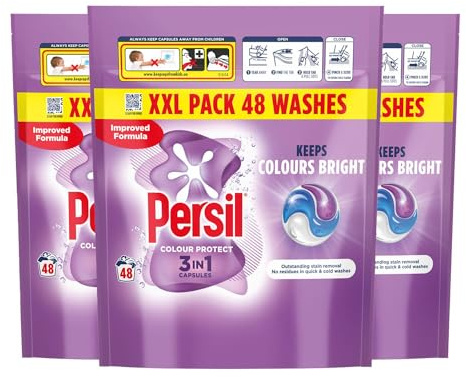 Persil 3-In-1 Colour Capsules – Stain Removal, Colour Protection, Biodegradable Film, Quick-Dissolving, Long-Lasting Freshness – 3 Pack (48 Washes Each, 144 Washes Total)