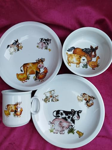 personalisiertes Porzellan-Kinder-Geschirr (Dekor Bauernhof Tiere) mit Wunschname. Wunschname an: info@porzellanschoenknecht.de senden.