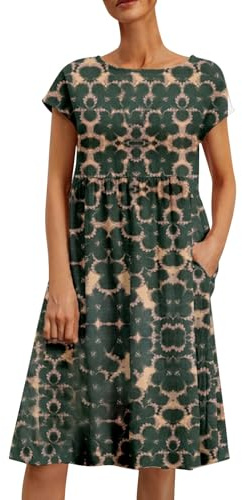 MJGkhiy Vestiti Estivi Donna Firmati Cotone E Lino Manica Corta Abito Cerimonia Midi Comodo Stampa Beach Dress Leggera Vestito Spiaggia Abbigliamento Curvy Mare Abiti