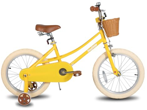 JOYSTAR Vélo 18 Pouces pour Enfants de 6 à 9 Ans, vélo Fille avec Roues stabilisatrices et Panier, Jaune