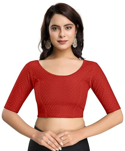 TRENDMALLS Women's Dobby Pure Cotton Elastin Stretchable Readymade Blouse (B01-Red-M)