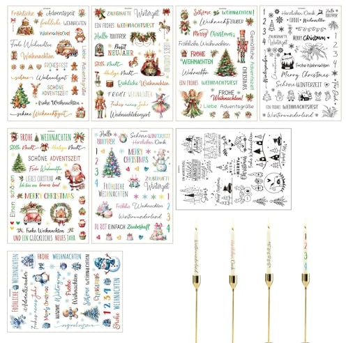 8 piezas Velas tatuaje de velas, velas de papel deslizante, Navidad, impresión de transferencia de agua, juego de pegatinas, accesorios de diario para muebles, ventanas, vidrio, tazas