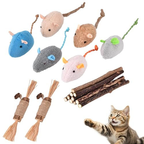 GaiusiKaisa Catnip Mouse Toys-18pcs Cat Toys for Indoor Cat Adult & Kitten Toys Set for Playing Chewing, Silvervine Sticks, Cleaning Teeth Natural Matatabi