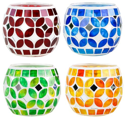 SHMILMH Mosaic Candle Holders Set of 4, Handmade Glass Tealight Votive Holders, Vibrant Red Yellow Blue Green for Diwali Christmas Wedding Party Decor, Year-Round Festive Centerpiece