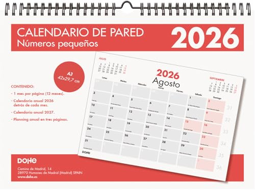 Dohe - Väggkalender 2026-12 månader januari till december, månad Vista, A3 (42 x 29,7 cm), dubbel spiral, spanska språk, små siffror, utrymme för anteckningar, planering av året, tjockt papper 120 gr