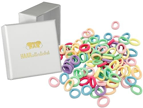 HAARallerliebst® 100 Stück bunte 20mm kleine Haargummis für Mädchen - mini baby Zopfgummis inkl Box - idealer Haargummi Haarschmuck für Kinder und Damen - elatisch soft Mehrfarbig (pastell, 100 Stück)