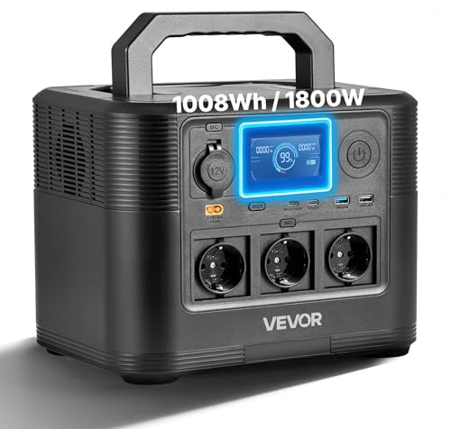 VEVOR Centrale Elettrica Portatile Generatore Solare da 1800 W Batteria di Backup LiFePO4 da 1008 Wh con 8 Porte di Uscite per Campeggio Viaggio Camper Emergenza, Pannello Solare Non Incluso