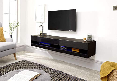 GFW Galicia Black 150cm Wall TV Unit with LED, Floating TV Cabinet with Storage Doors, Media Shelf and LED Downlight