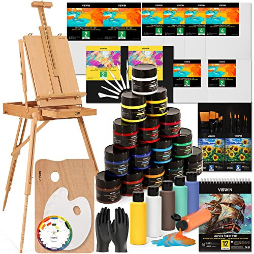 VISWIN Deluxe Acrylfarben-Set, Künstler-Malset mit Kofferstaffelei, 15 Acrylfarben, 12 Gießfarben, Premium-Pinsel, Gespannte Leinwand für Erwachsene, Jugendliche und Künstler