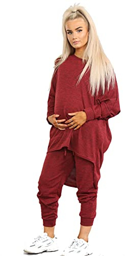 Elite Pleasure Survêtement de grossesse 2 pièces pour femme - Haut et bas bas - Vêtement de maternité décontracté - Sweat à cordon de serrage - Vêtement de nuit, bordeaux, 20-22