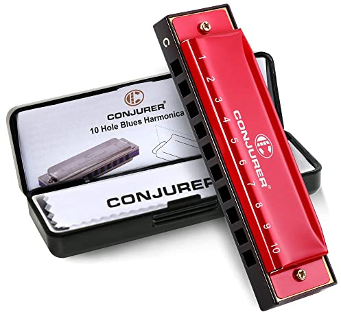 Conjurer Blues Harmonica C Mouth Organ for Children& Adults, Blues Harp 10 Holes Diatonic Harmonica Kids key of C, 1001C Red