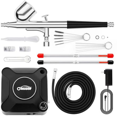 Oasser Airbrush Compressor Kit, Dual Action Air Brush Suit 0.2 0.3 0.5 mm Nozzle for Model, Tattoo, Makeup, Cake,Nail Art,Miniatures,Include Brushes Set