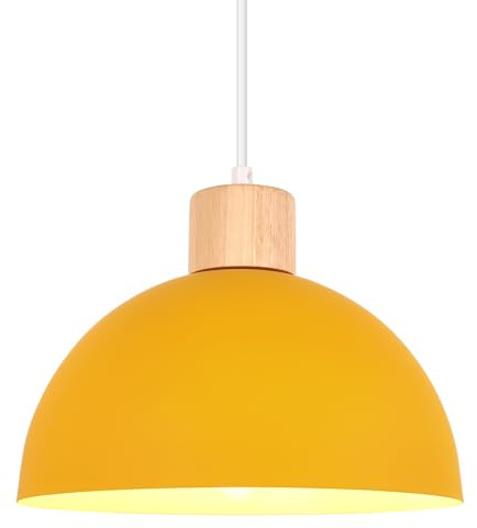 iDEGU 25cm Hängelampe Retro E27 LED Hängeleuchte Moderne Skandinavisch Deckenleuchte aus Metall Holz Pendelleuchte für Schlafzimmer Esszimmer Küche Restaurant (Gelb, 1 Stück)