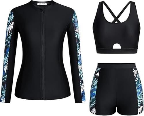 Kate Kasin Costumi da bagno da donna con stampa floreale, 3 pezzi, con cerniera, protezione solare, sport acquatici, set tankini per surf e nuoto, Foglie nero-verdi, XXL