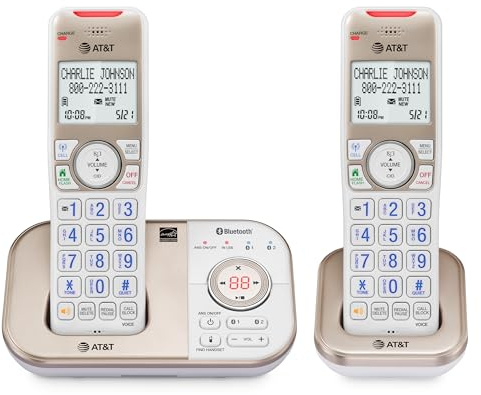 AT&T BL3112-2 2-Handset DECT 6.0 Cordless Phone for Home with Bluetooth Connect to Cell, Smart Call Blocker, Answering Machine, Caller ID, Expandable up to 5 Handsets, Champagne Gold/White