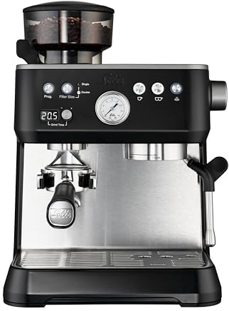 Solis Grind & Infuse PERFETTA Espressomaschine, Kaffeemaschine mit Mahlwerk und Milchaufschäumer, Halbautomatische Kaffeemaschine mit abnehmbaren Wassertank, Heißwasser- und Dampffunktion (Schwarz)