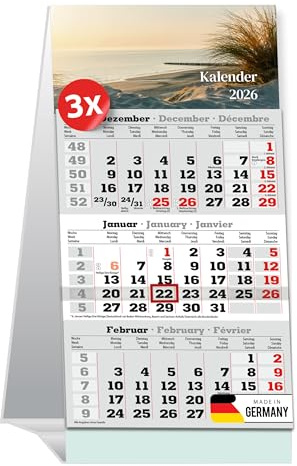 Primus Print Lot de 3 calendriers de table 2026-3 mois à poser – Calendrier de table, calendrier de bureau, debout – 95 x 194 mm, papier naturel 70 g, avec curseur de date – Plage