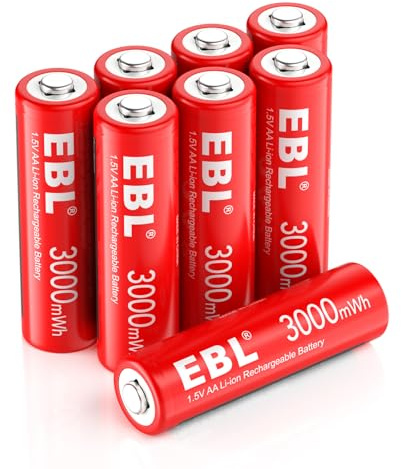EBL 8-Pack Rechargeable AA Lithium Batteries, 1.5V 3000mWh Rechargeable AA Batteries, Long-Lasting Double A Batteries (Compatible Only with 1.5V Devices)