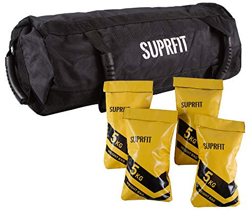Suprfit Sandbag - Power Bag für Functional Training, Core Bag inkl. Sieben befüllbarer Gewichtsbeutel, max. Schwungmasse: 35 kg, Multiple Griffmöglichkeiten, reißfest, Material der Tasch: Nylon