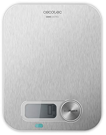 Cecotec Báscula de Cocina Cook Control 10200 EcoPower INOX. Funciona sin Pilas, Precisión de 1 gr, Pantalla LCD, Función Tara, Función sólidos y líquidos