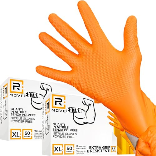 RMOVE 50+50 Guanti in nitrile Diamond 8,5 gr. +140% di SPESSORE rispetto al 3,5 gr Guanti antiscivolo, Grip su tutto il palmo per una perfetta presa, Guanti da lavoro antiscivolo (XL (10), Arancione)