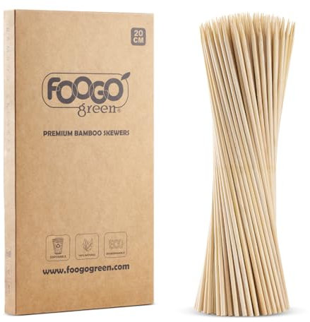 FOOGO Green 250pcs Medium 20cm, Bamboo Skewers, FSC® Certified, Sturdy Eco-Friendly Wooden, Barbecue, BBQ & Kebabs Skewers, Fruit Picks, Cocktail Sticks, for Camping, Parties and Wedding