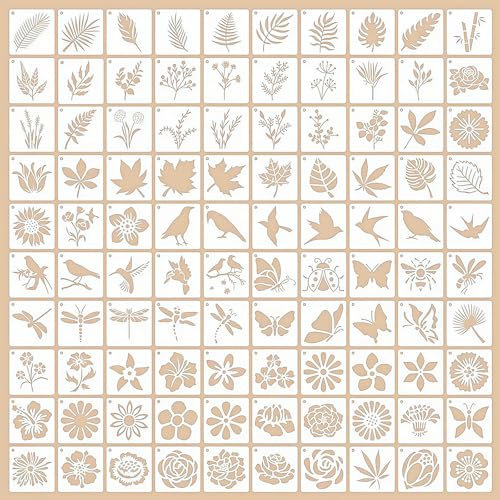 ATSGJLZN Schablonen Kinder,100er Malschablonen Kinder,5 * 5cm Blume Blätter Vogel Airbrush Schablonen Textilgestaltung für DIY Scrapbooking Holz Leinwand Deko