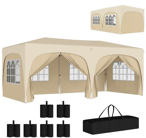 Outsunny Pavillon ca. 3x6m, wasserabweisend Stabil Winterfest Pop-up Faltpavillon, UV Schutz 50+, Faltbar Partyzelt Gartenzelt mit 6 Seitenteilen Tasche Gartenpavillon für Camping Garten, Sand