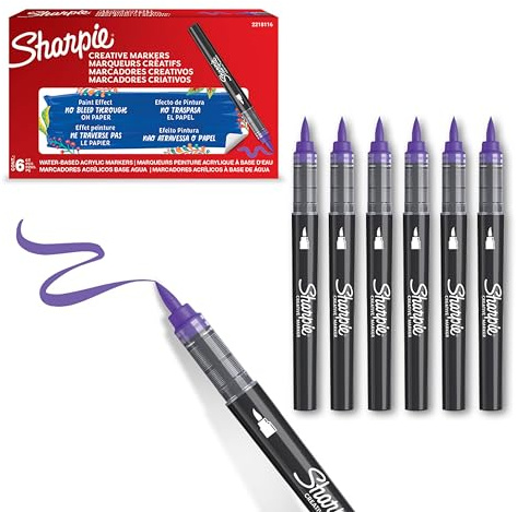 Sharpie Creative Marker Acrylic Paint Pens | Brush Tip Water-Based Paint Markers | Lilac | No-Bleed Ink Writes on Most Surfaces | Crafting & Art Supplies | 6 Count