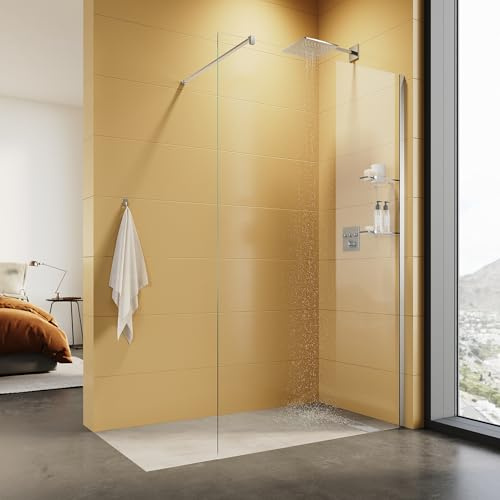 SUNXURY Walk-In-Duschkabine 120cm Feststehende Duschtür mit Stützstab & 2 Glasablagen 120x200cm Duschabtrennung aus 8mm Sicherheitsglas Klarglas