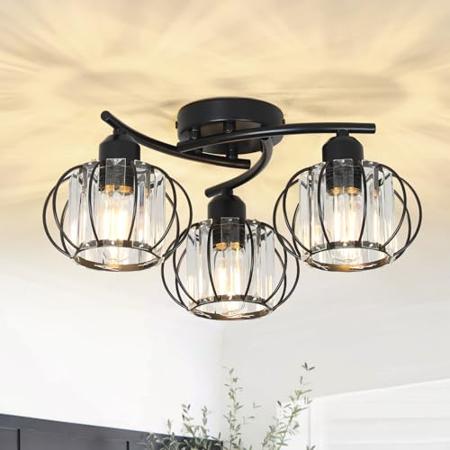 Stepeak Crystal Ceiling Lights Living Room, 3-Lights Crystal Chandeliers Ceiling Light, Modern Ceiling Lights with Glass Lampshades, Black Chandelier for Bedroom, Hallway Light Ceilings for Kitchen