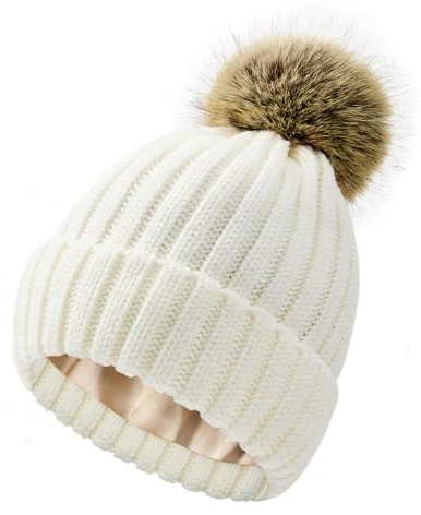 Century Star Womens Satin Lined Winter Beanie with Detachable Faux Fur Pom Pom, Warm Knit Cuffed Hat for Cold Weather White One Size