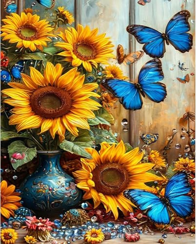 Maysurban Pintar con Numeros para Adultos Niños, DIY Pintura por Números Decoraciones para el Hogar sin Marco 30x40cm-Girasoles y mariposas