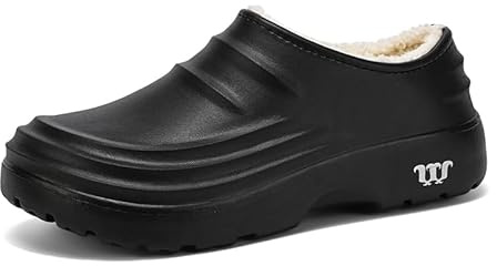 Men's Winter Fleece Work Shoes, Oil-Resistant and Waterproof Chef Shoes, Rubber Non-Slip Soles, Warm and Comfortable Kitchen Slippers and Clogs, Suitable for Restaurants, Nursing Use Black-42