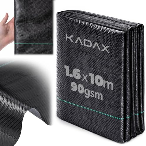 KADAX Paño de maleza de 1,6 x 10 m, 90 g/m², lámina de jardín de polipropileno resistente al desgarro, fieltro de jardín permeable al agua para un control eficaz de malezas, lámina vegetal (negro)