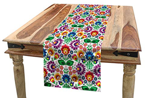 ABAKUHAUS traditionell Tischläufer, Polnisch Flora, Esszimmer Küche Rechteckiger Dekorativer Tischläufer, 40 x 225 cm, Weiß Lila Grün