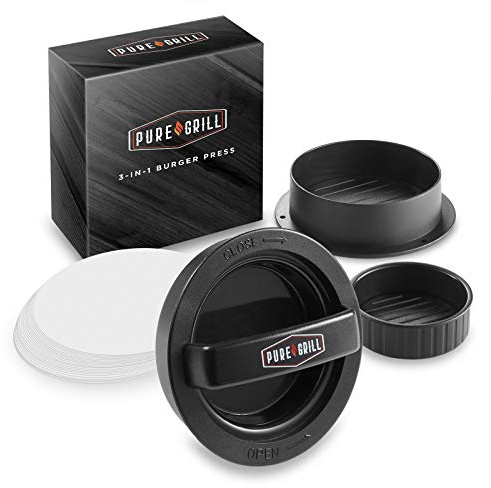 Pure Grill 3-in-1 Burger Press - Patty Maker with 100 Wax Papers for BBQ Grilling Stuffed Hamburgers, Beef Patties, and Sliders
