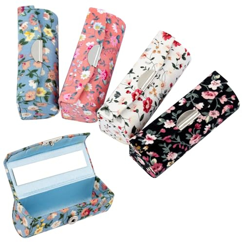 AUEAR, 4 Pack Floral Lipstick Case with Mirror for Purse Travel Holder (Small Flower Pattern)