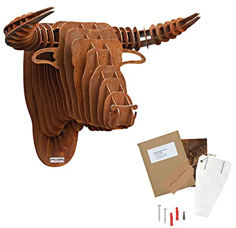 Rerum & Consilium Stierkopf Wanddeko in Edelrost I 48 x 37 x 30 cm I 15 kg I Stier Kopf Deko I Stahl | Tierkopf Skulptur Deko + Montageplatte