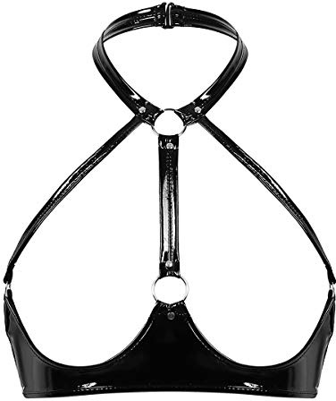 CHICTRY Reggiseno Aperto Lingerie Donna Sexy Hot Aperto in Pelle Wetlook Babydoll Halter Hollow Bra Top Bralette Senza Ferretto Push Up Buco O-Ring Harness Body Crop Top Nero XXL