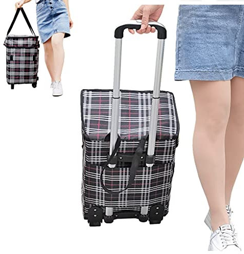 Fineget Foldable Shopping Trolley Bag Insulated With Wheels Collapsible Grocery Folding Utility Cart for Senior Women Camping Beach Play Picnic Laundry Luggage School Teacher Food Duffel Delivery