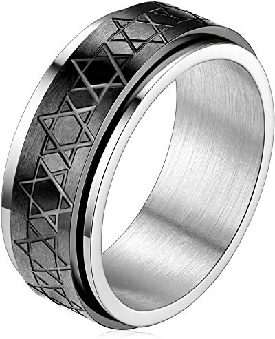 FaithHeart Joyerías para Anti-Estrés Anillo Giratorio Hexagrama de Judío de Dedos Anillo Negro Ancho Talla 11 de Culturismo Anillo Hip Hop Acero Inoxidable 316L Estrella de David