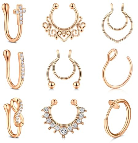 D.Bella Faux Septum 9 Pcs Faux Piercing Nez Acier Inoxydable Septum Non-pierced Anneau de Nez Septum Fake CZ Non Bijoux Piercing pour Femme Homme