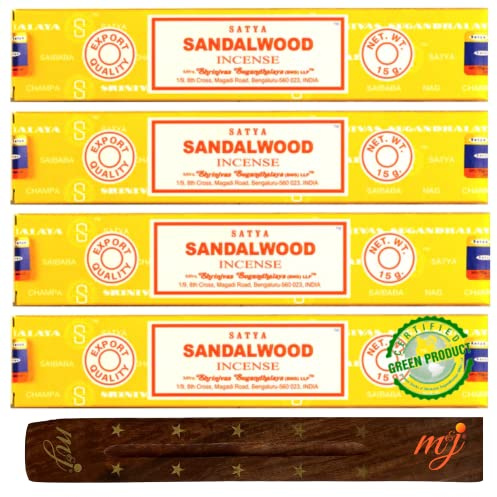 Original Satya Nag Champa Sandalwood Incense Sticks | with M&J incense sticks holder | x4 pack | for Aromatherapy, Spa, Yoga, Weddings, Meditation, Healing, Positivity and Relaxation