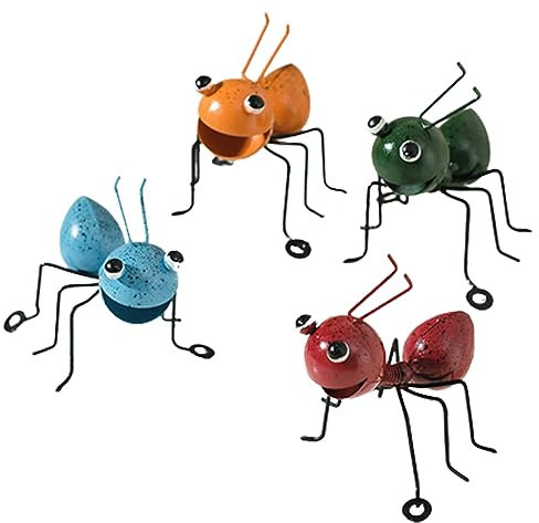 Lot de 4 décorations de fourmis en métal - Sculpture murale - Sculptures de jardin - Ornement coloré - Insecte mignon - Pour jardin, pelouse, chambre d'enfant, salle de bain, maison
